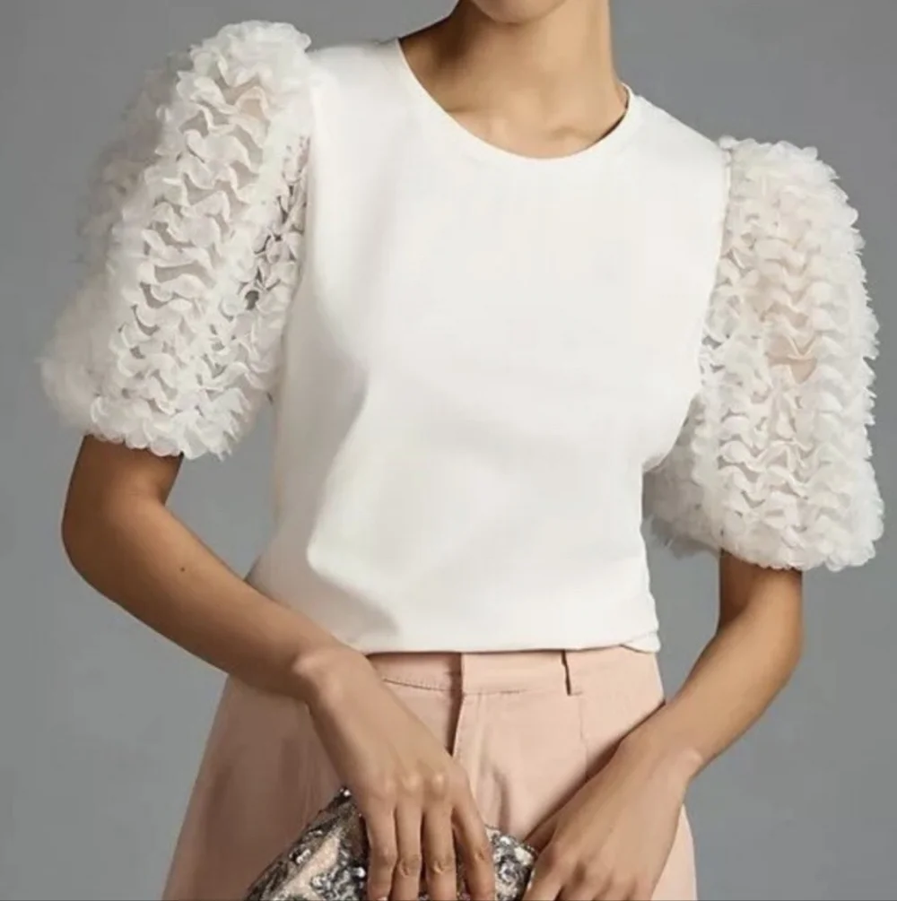Anthropologie Flat White Cotton Puff-Sleeved Blouse Size XXSmall
